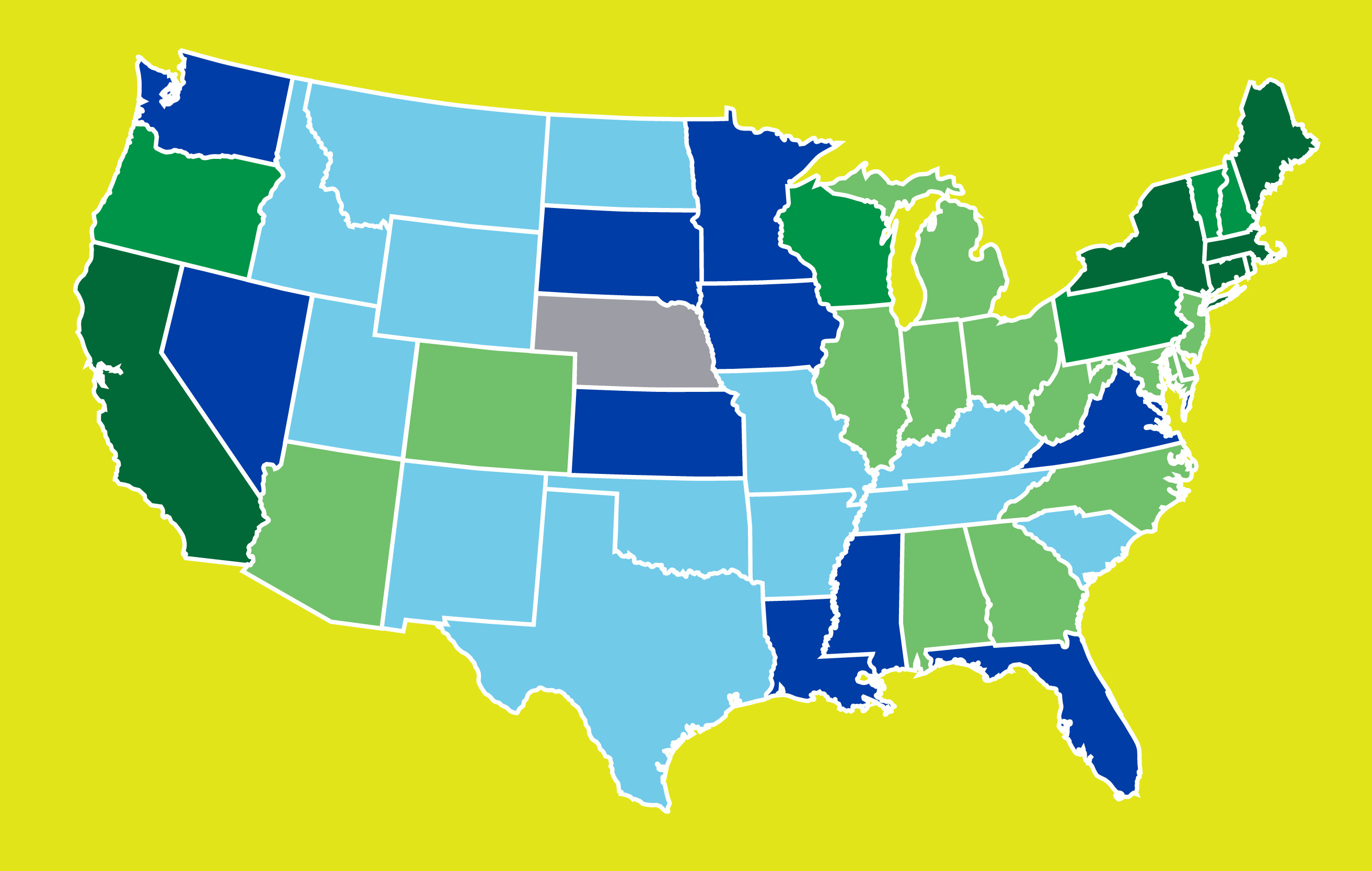 a map of the United States on a yellow background with states shaded different colors of blue and green